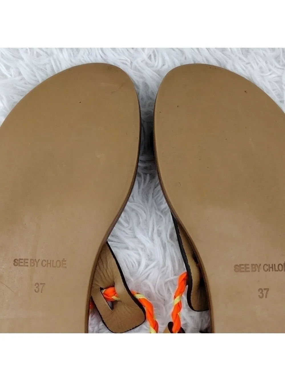 See By Chloe Tan Leather Almond Toe Thong Braided T-Strap Ankle Lace Sandal Shoe